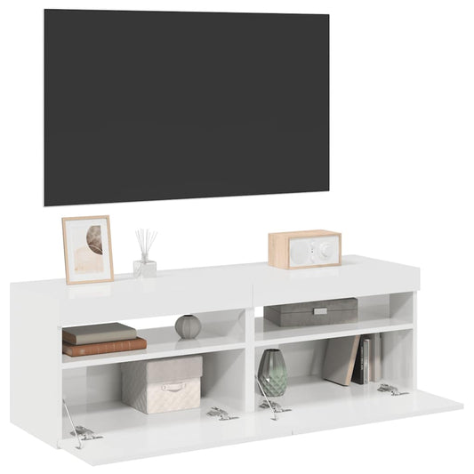 TV-bänk med LED-belysning 2 st vit högglans 60x35x40 cm