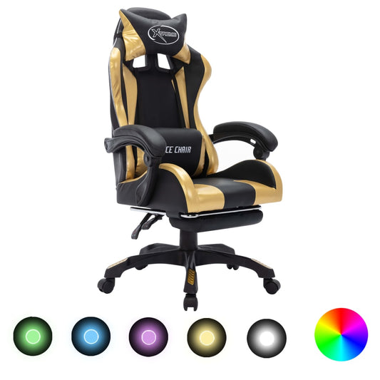 Gamingstol med RGB LED-lampor guld och svart konstläder