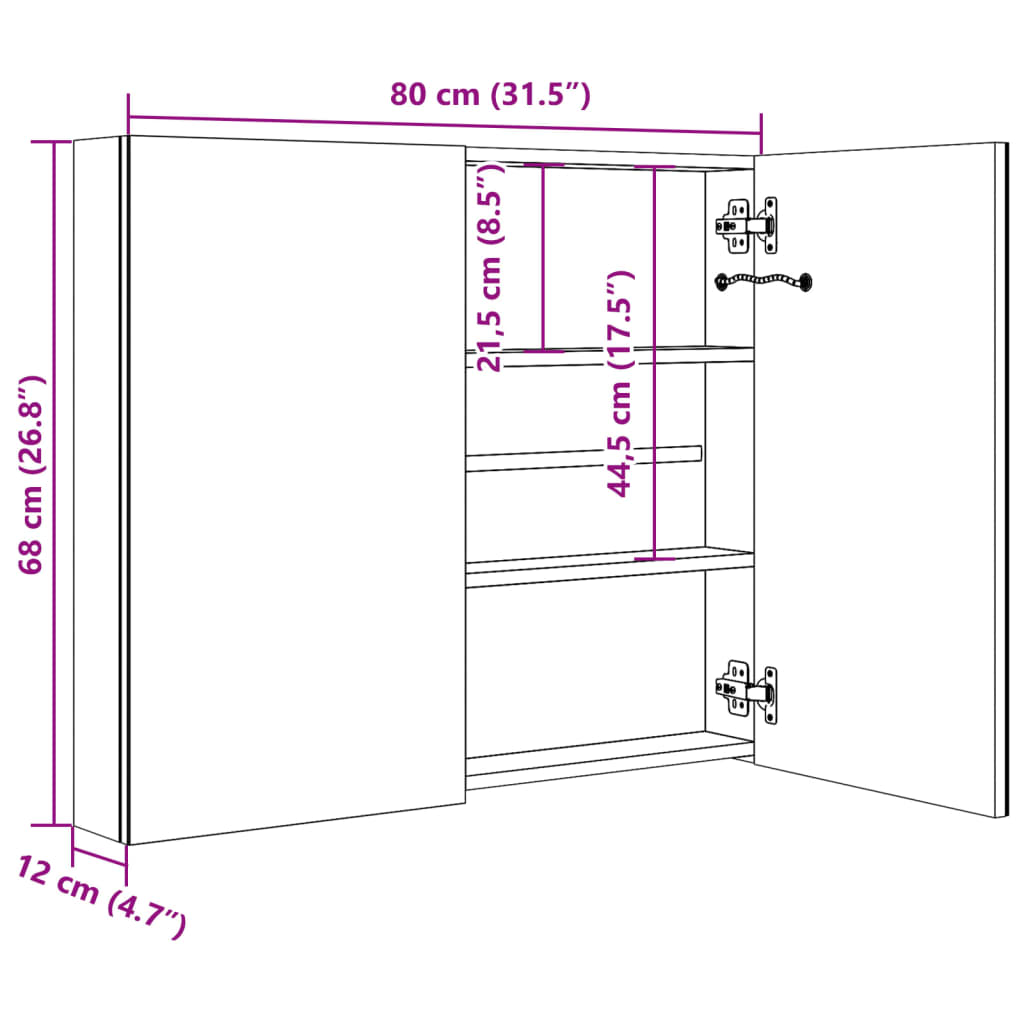 Spegelskåp med LED blank svart 80x12x68 cm