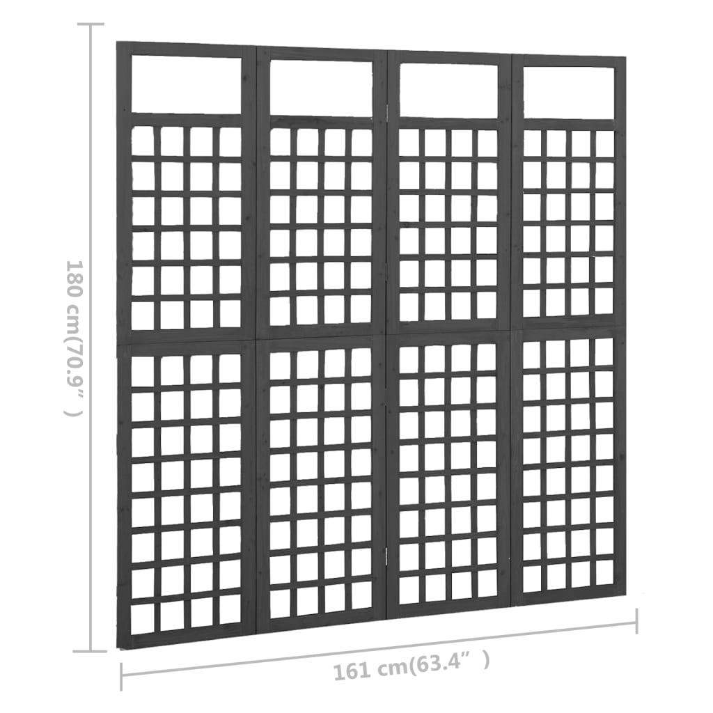 Rumsavdelare/Spaljé 4 paneler massiv gran svart 161x180 cm