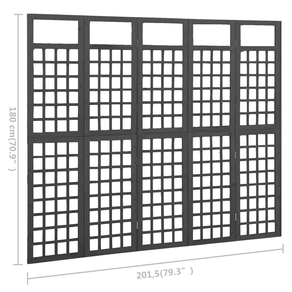 Rumsavdelare/Spaljé 5 paneler massiv gran svart 201,5x180 cm