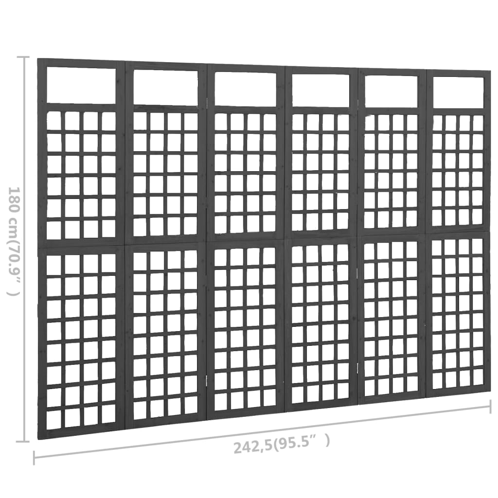 Rumsavdelare/Spaljé 6 paneler massiv gran svart 242,5x180 cm