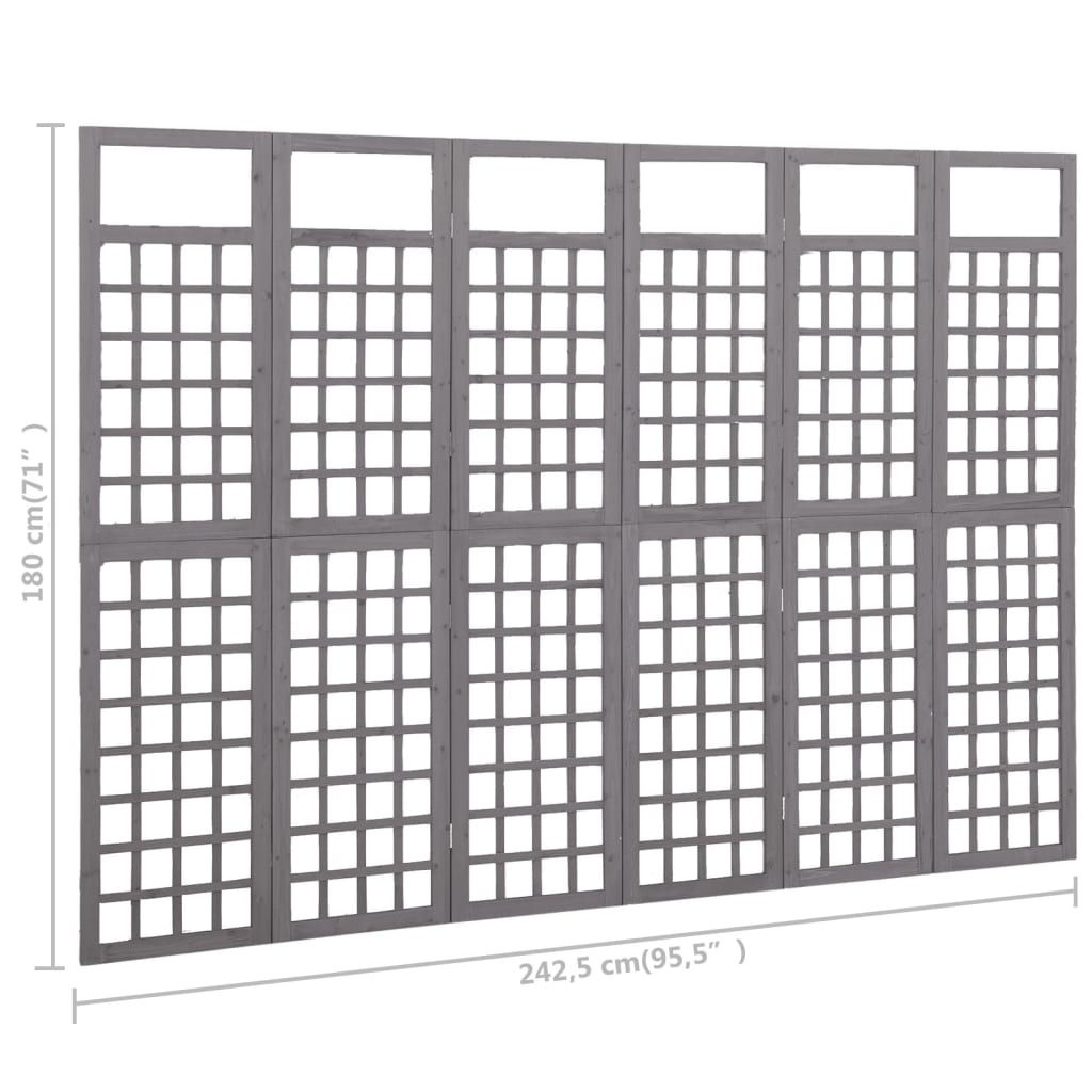 Rumsavdelare/Spaljé 6 paneler massiv furu grå 242,5x180 cm