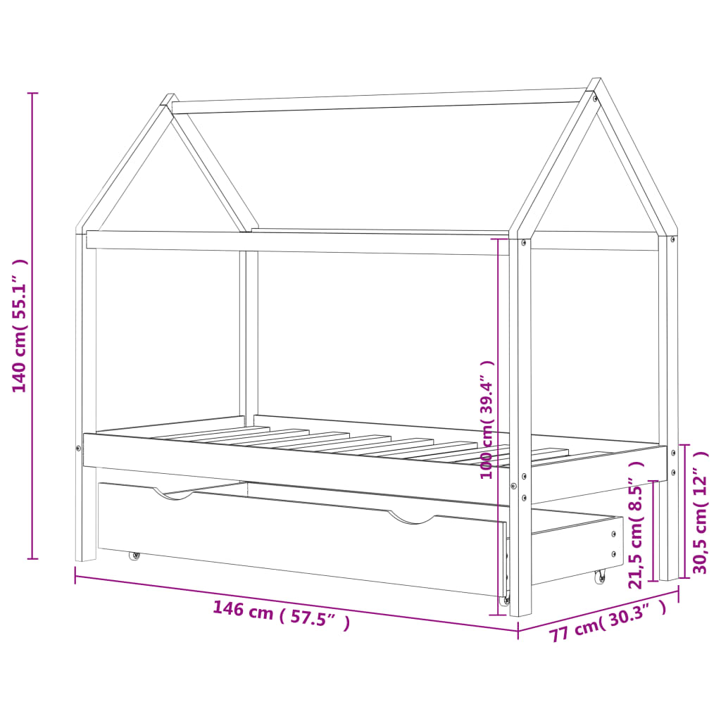 Barnsäng med låda vit massiv furu 70x140 cm