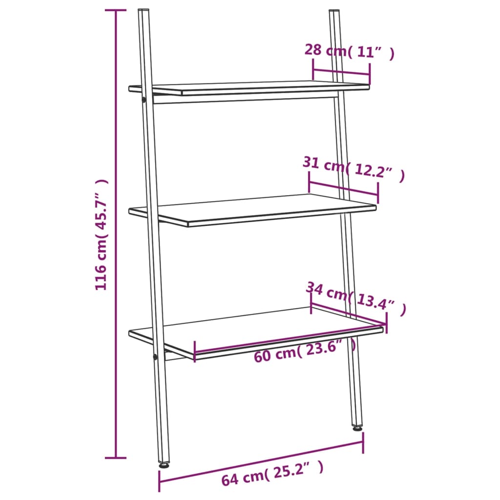 Hylla 3 hyllplan svart 64x34x116 cm