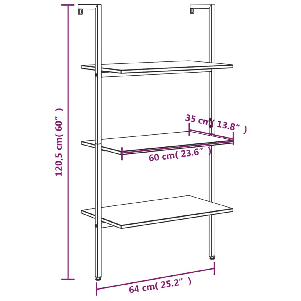 Hylla 3 hyllplan svart 64x35x120,5 cm