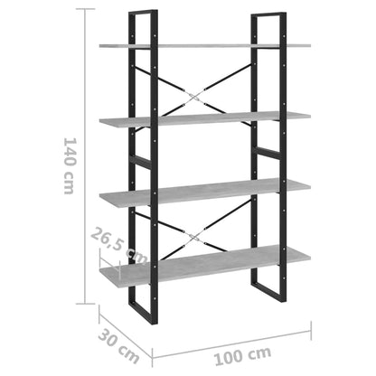 Bokhylla 4 hyllplan betonggrå 100x30x140 cm konstruerat trä