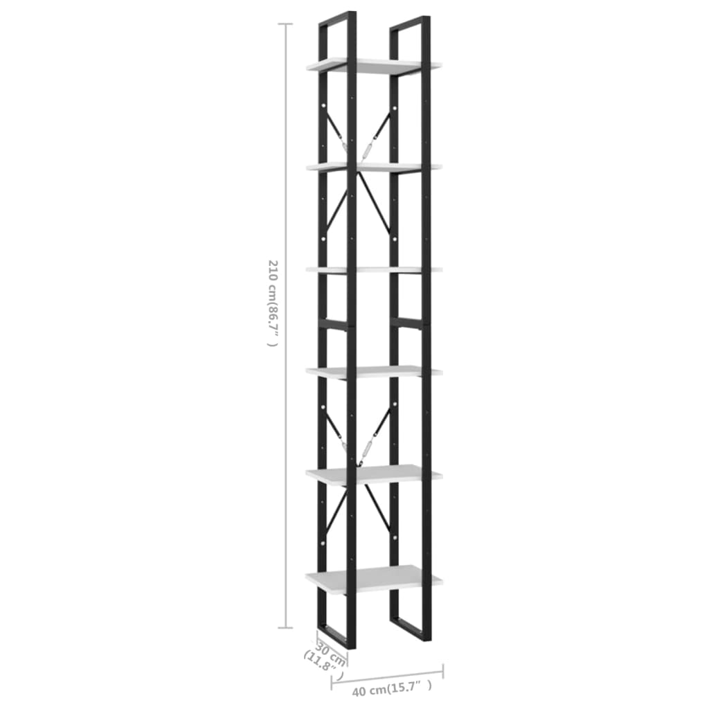 Bokhylla 6 hyllplan vit 40x30x210 cm konstruerat trä