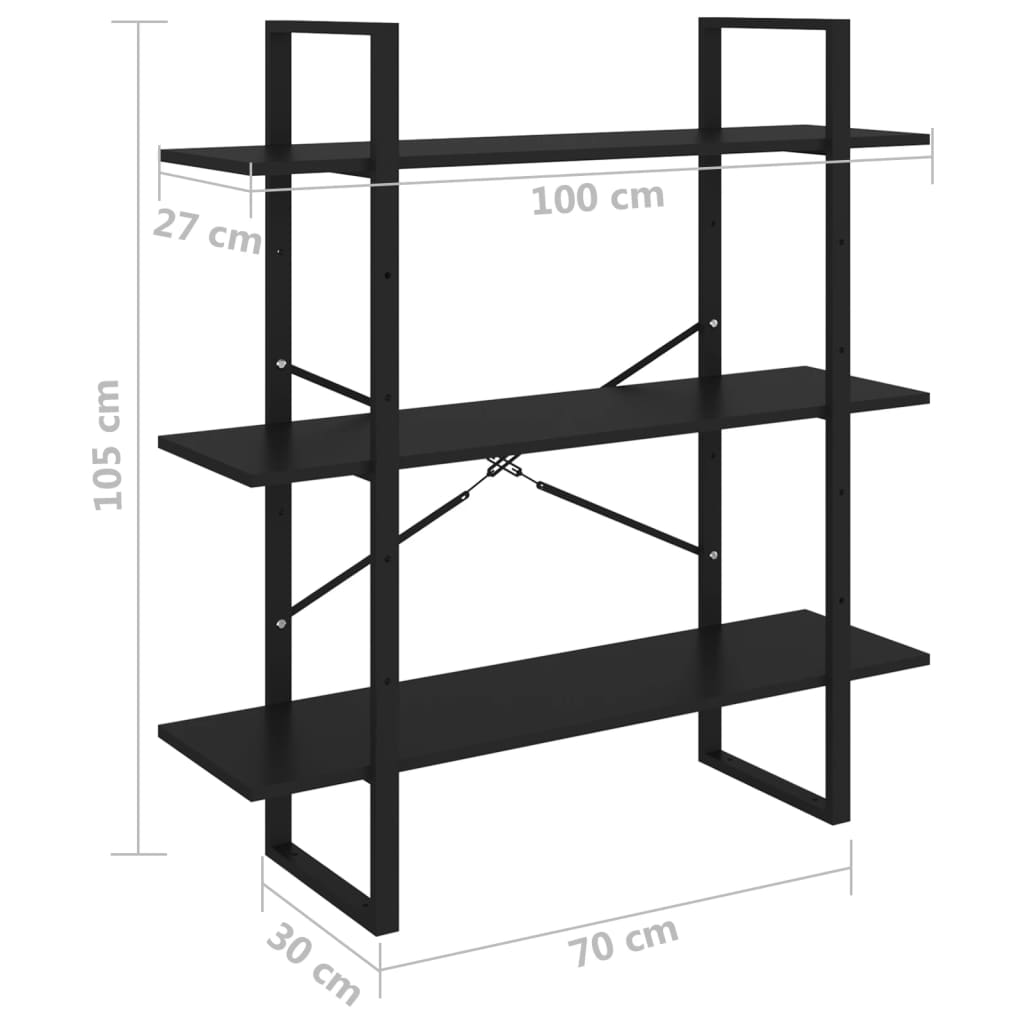 Bokhylla 3 hyllplan svart 100x30x105 cm massiv furu