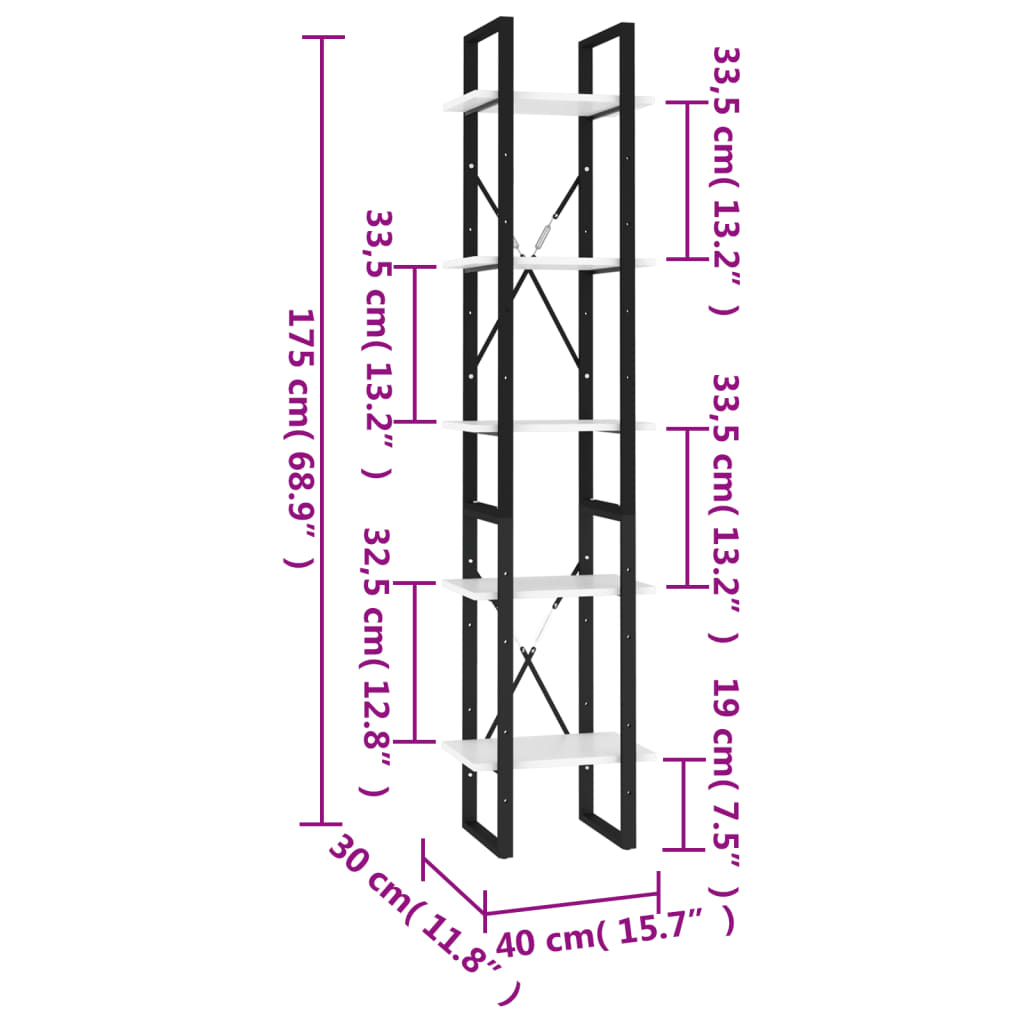 Bokhylla 5 hyllplan vit 40x30x175 cm konstruerat trä