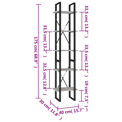 Bokhylla 5 hyllplan betonggrå 40x30x175 cm konstruerat trä