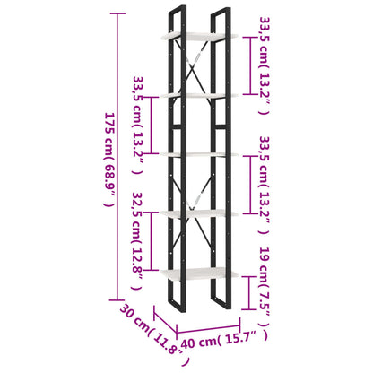 Bokhylla 5 hyllplan vit 40x30x175 cm massiv furu