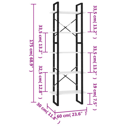 Bokhylla med 5 hyllplan vit 60x30x175 cm konstruerat trä