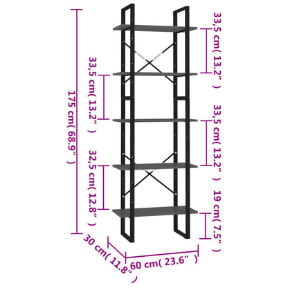 Bokhylla med 5 hyllplan grå 60x30x175 cm konstruerat trä