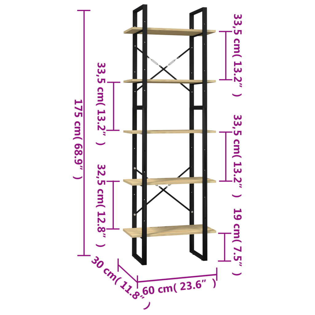 Bokhylla 5 hyllplan 60x30x175 cm massiv furu