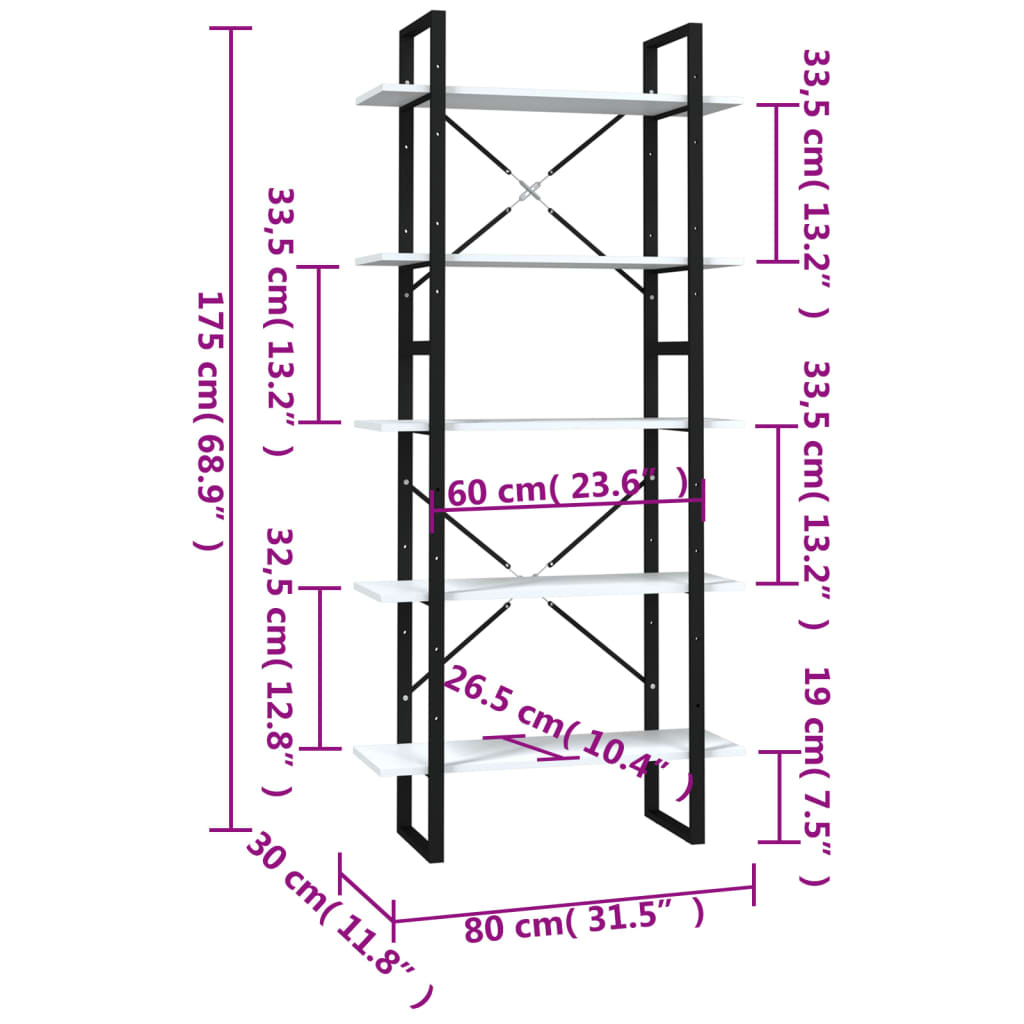 Bokhylla 5 hyllor vit 80x30x175 cm konstruerat trä