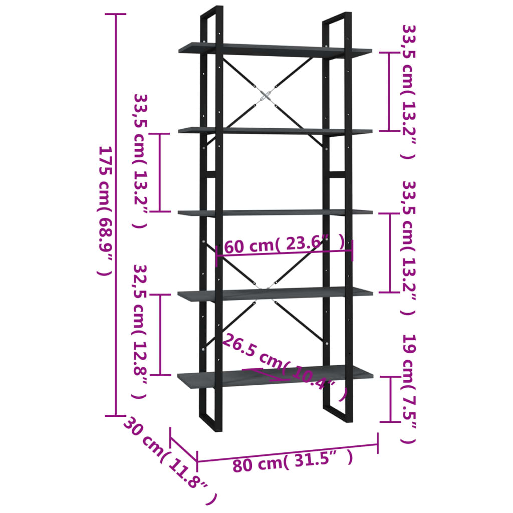 Bokhylla 5 hyllplan grå 80x30x175 cm massiv furu