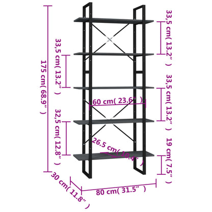 Bokhylla 5 hyllplan grå 80x30x175 cm massiv furu