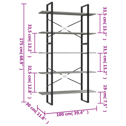 Bokhylla 5 hyllplan betonggrå 100x30x175 cm konstruerat trä