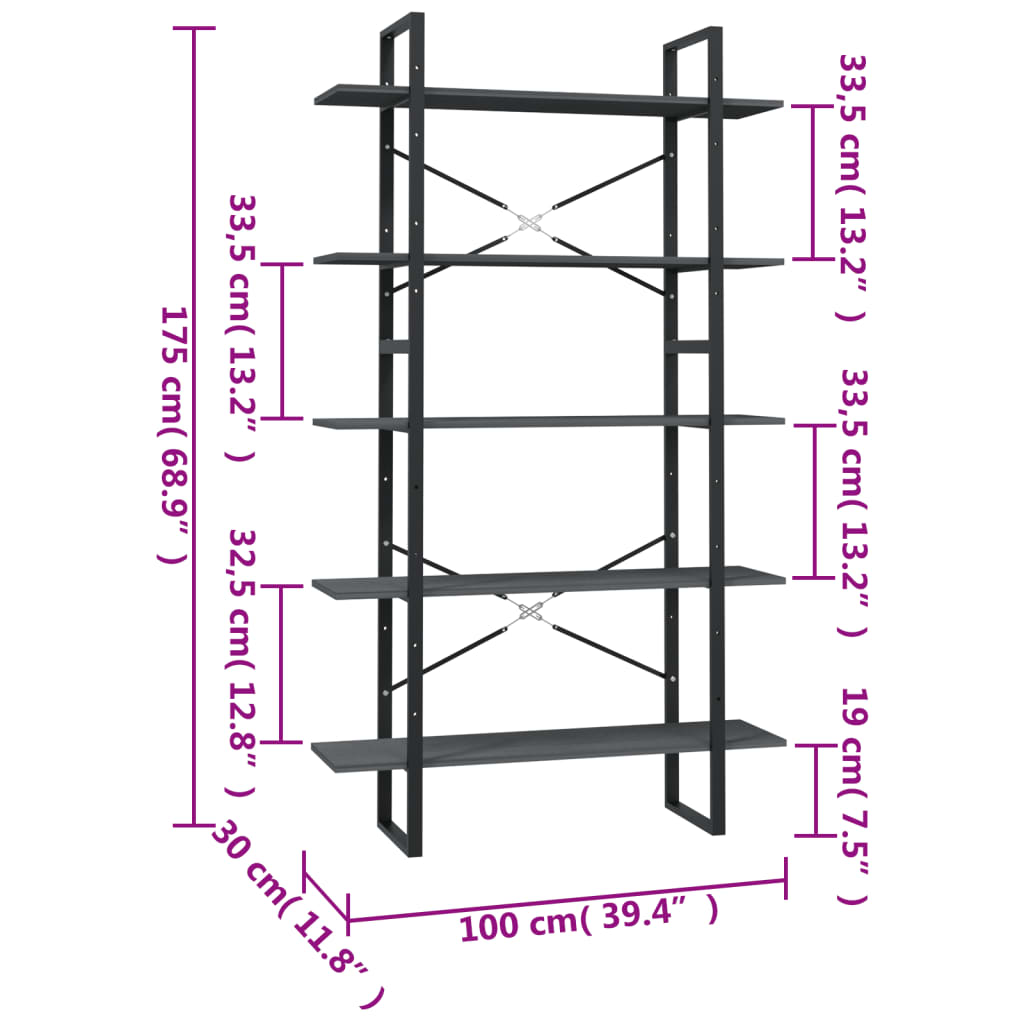 Bokhylla 5 hyllplan grå 100x30x175 cm massiv furu