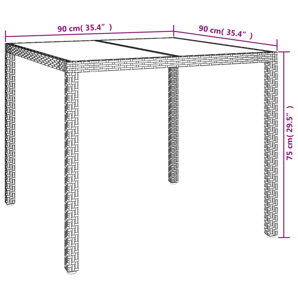 Utebord 90x90x75 cm härdat glas och konstrotting brun