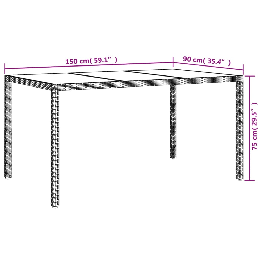 Utebord 150x90x75 cm Härdat glas och konstrotting brun