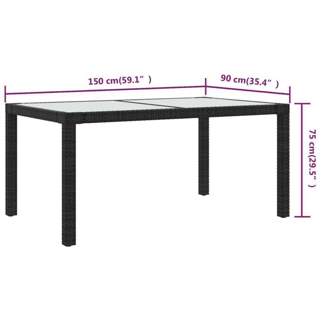 Utebord 150x90x75 cm Härdat glas och konstrotting svart