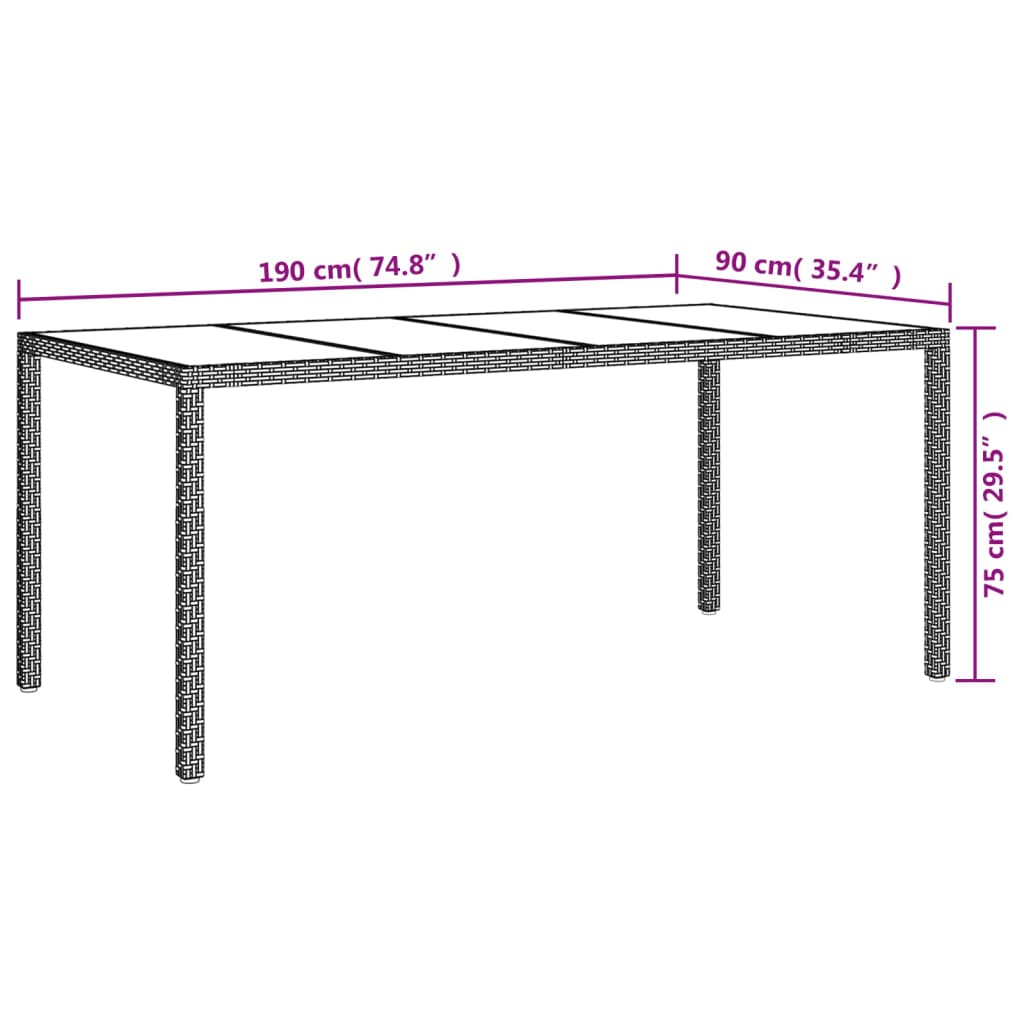 Utebord 190x90x75 cm härdat glas och konstrotting svart