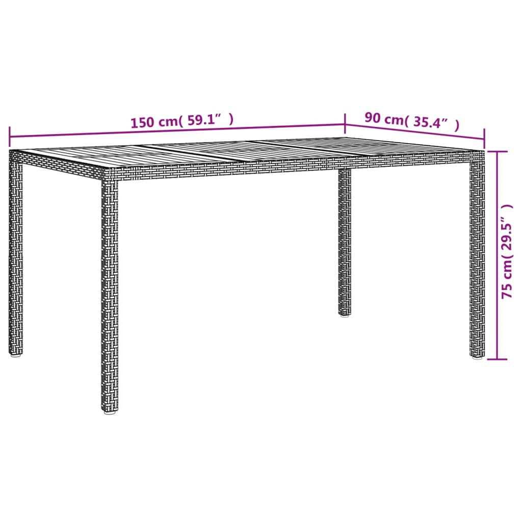 Trädgårdsbord 150x90x75 cm konstrotting och akaciaträ grå