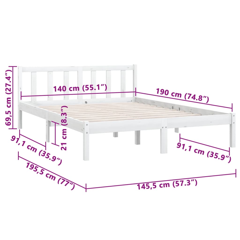 Sängram vit massiv furu 140x190 cm