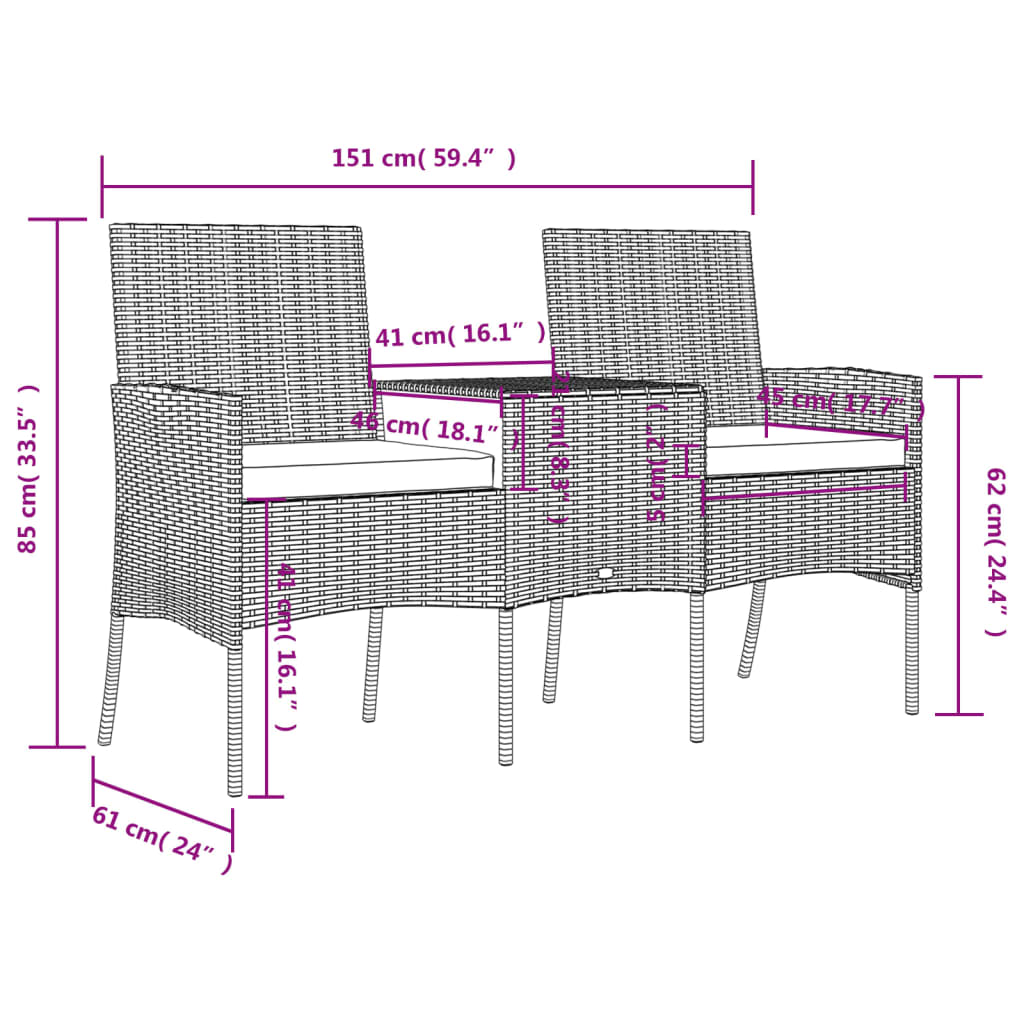 Trädgårdssoffa 2-sits med bord konstrotting antracit