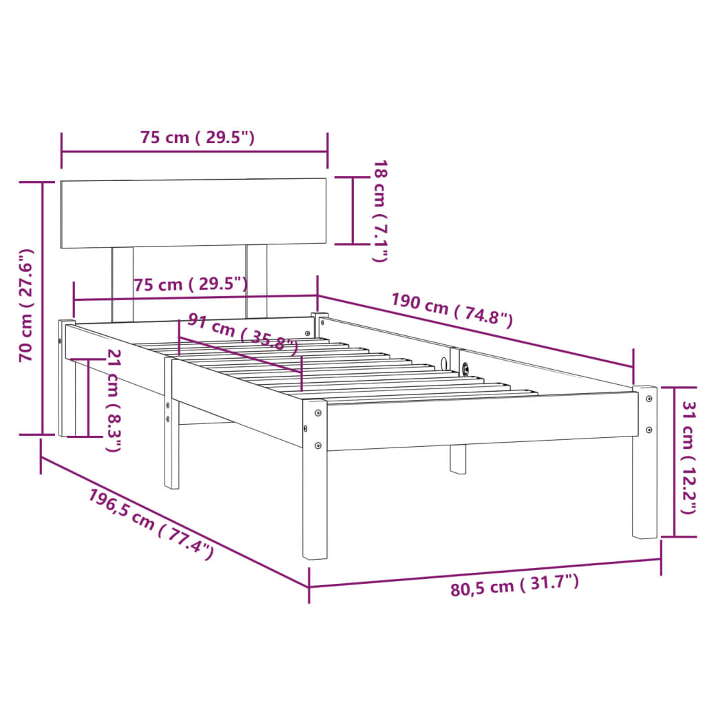 Sängram vit massivt trä 75x190 cm