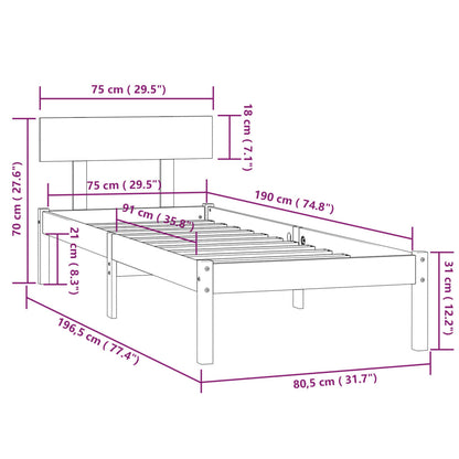 Sängram vit massivt trä 75x190 cm