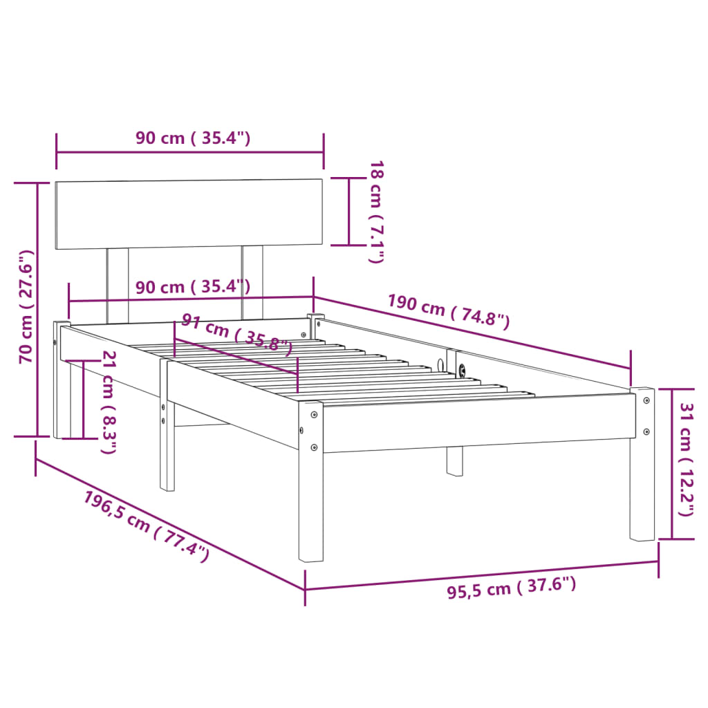 Sängram vit massiv furu 90x190 cm