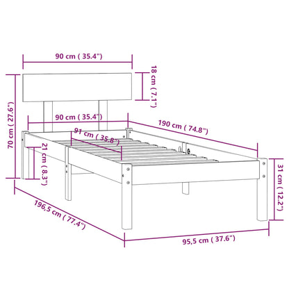 Sängram vit massiv furu 90x190 cm