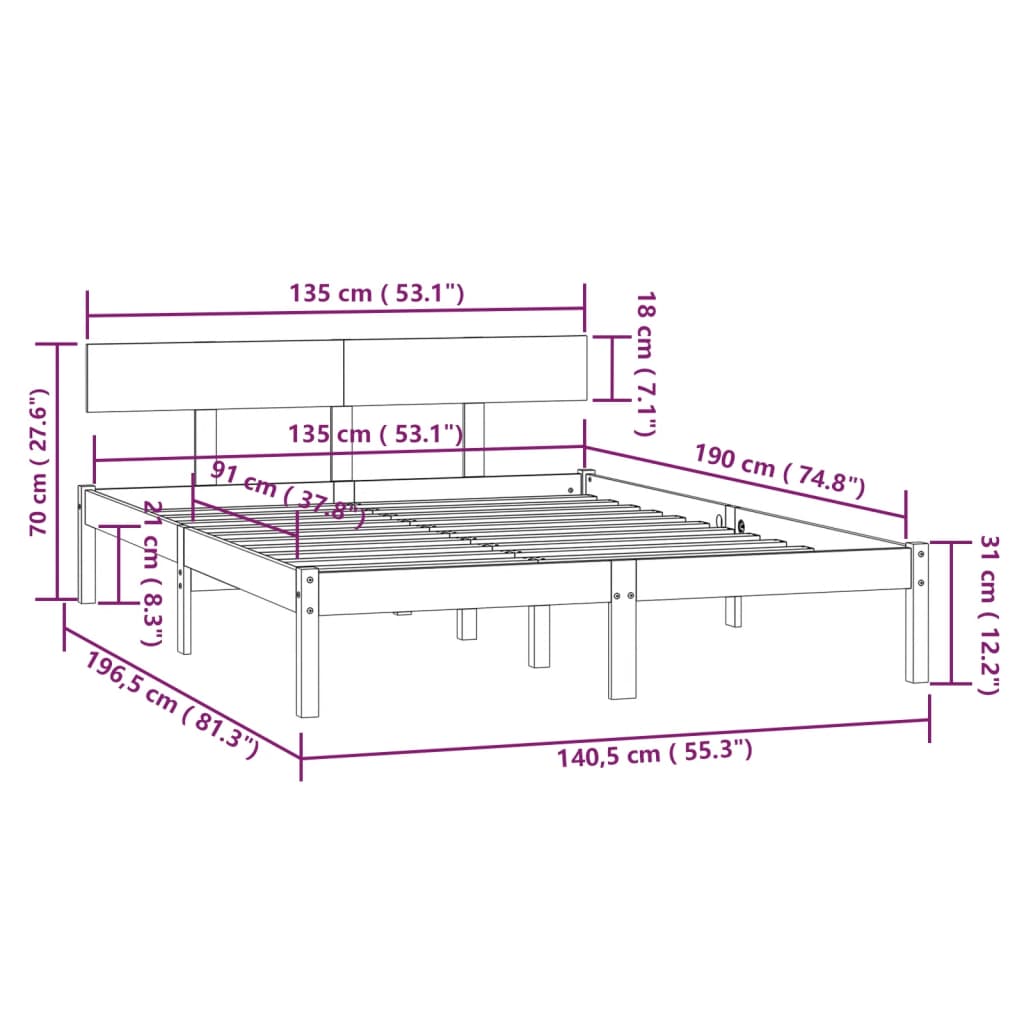 Sängram massiv furu 135x190 cm UK dubbel