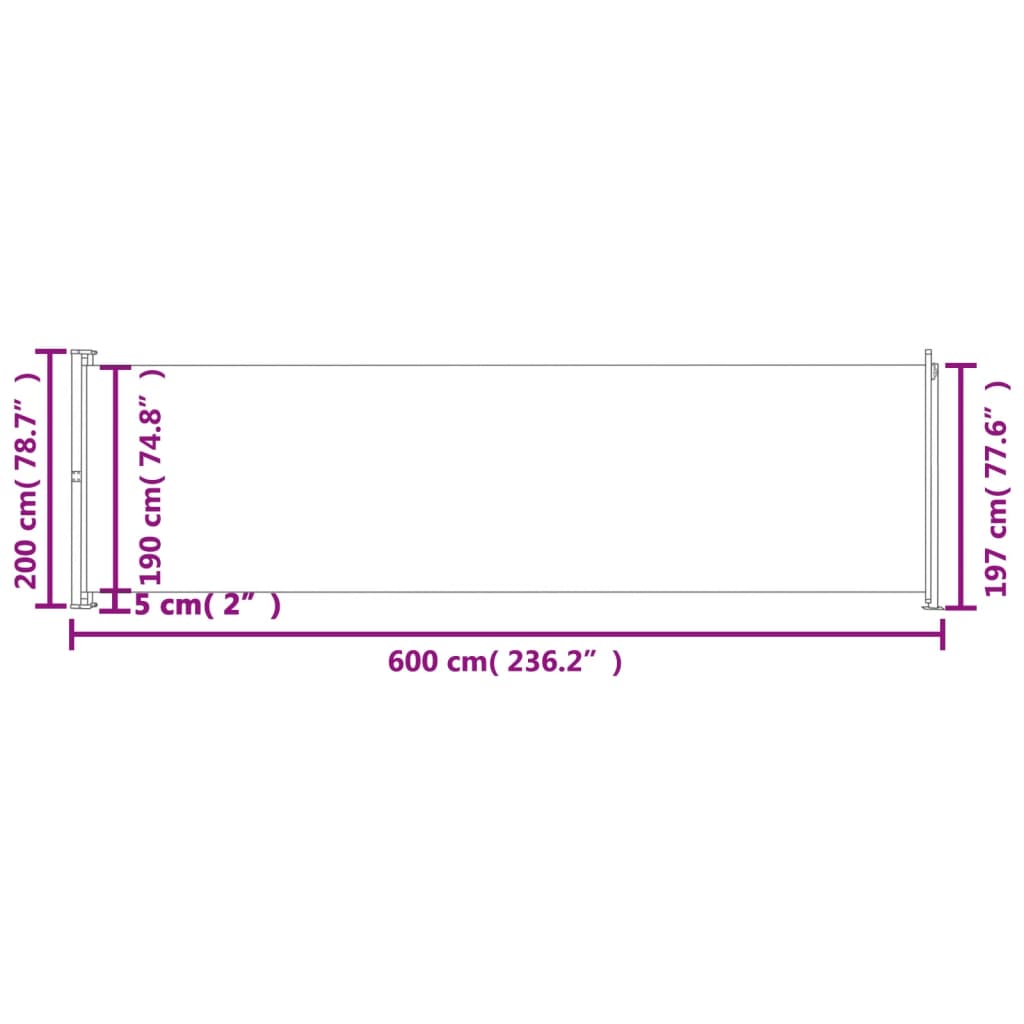 Infällbar sidomarkis 200x600 cm svart