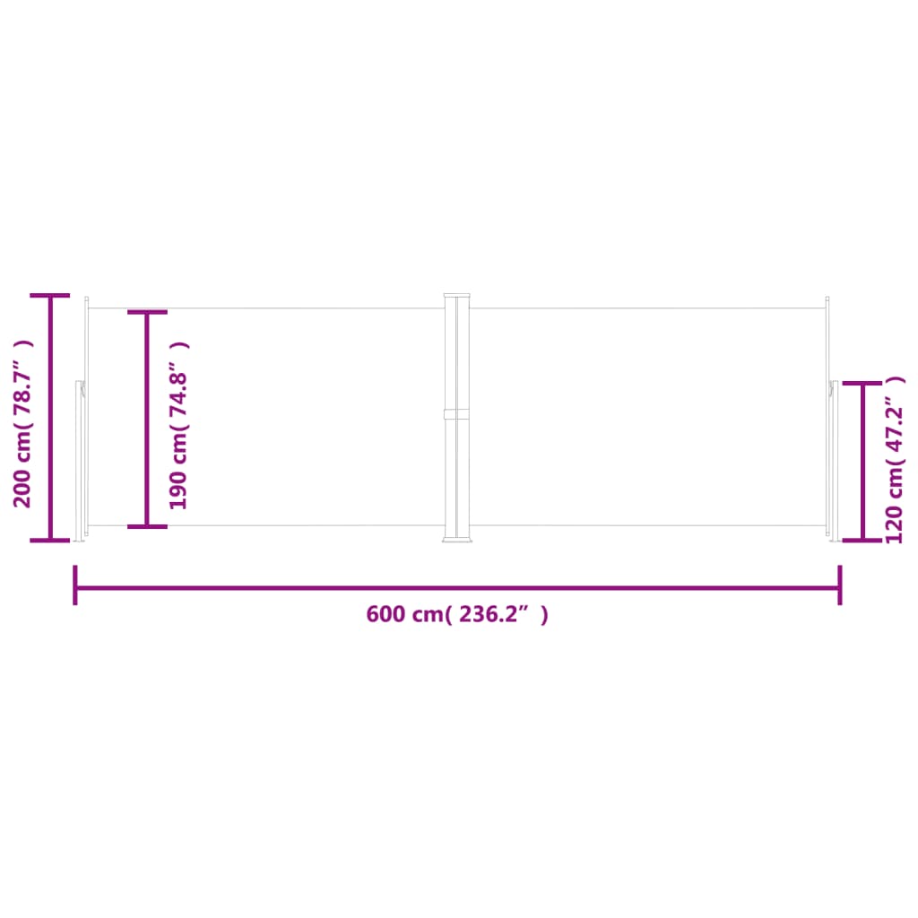 Infällbar sidomarkis 200x600 cm svart