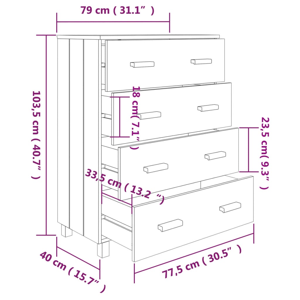 Byrå HAMAR vit 79x40x103,5 cm massiv furu