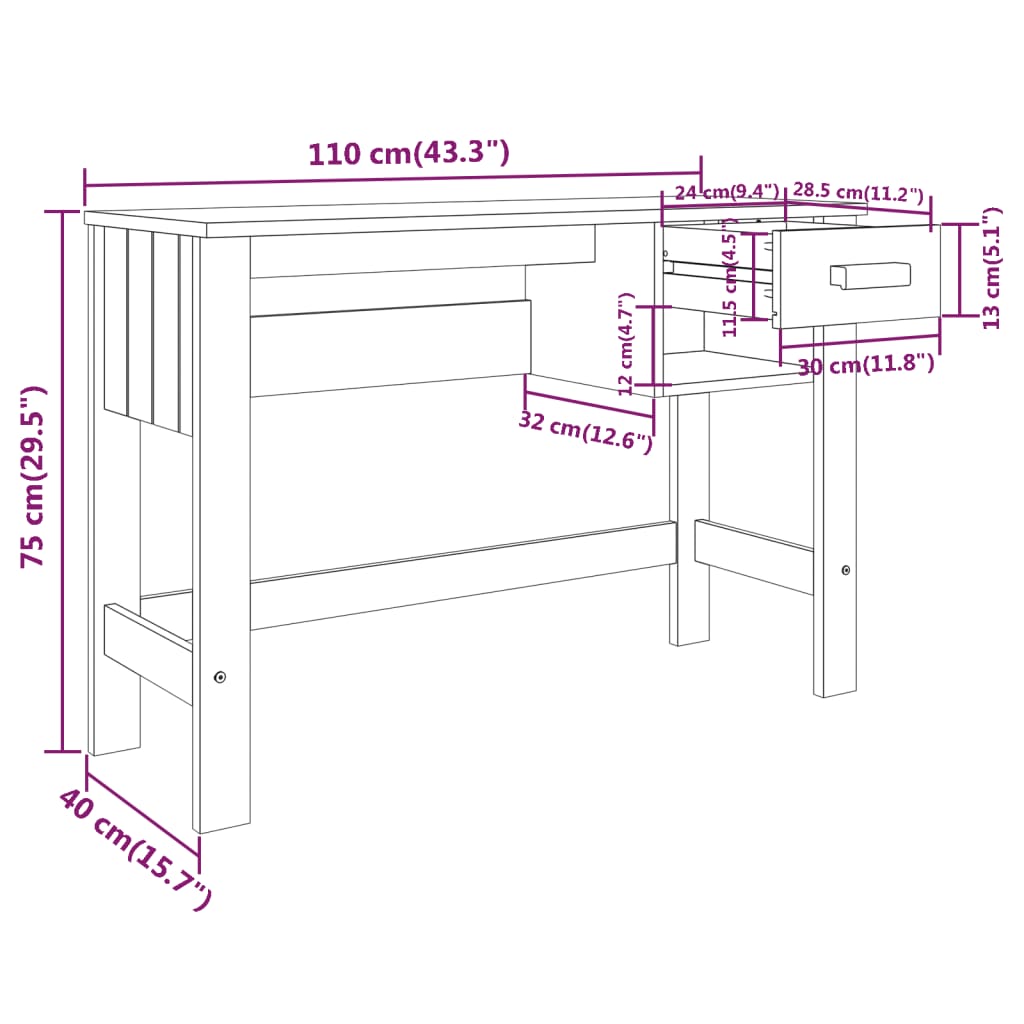 Skrivbord HAMAR ljusgrå 110x40x75 cm massiv furu