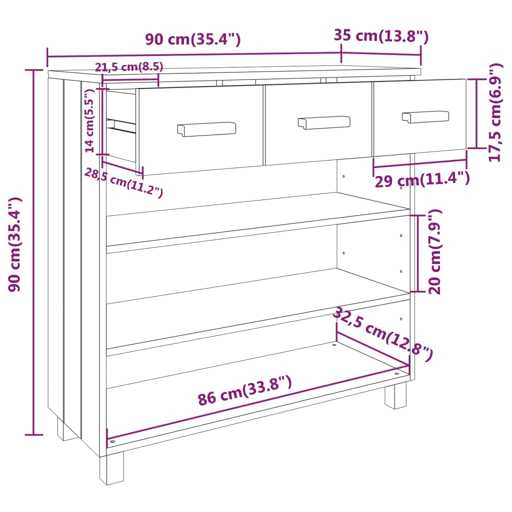 Konsolbord HAMAR mörkgrå 90x35x90 cm massiv furu