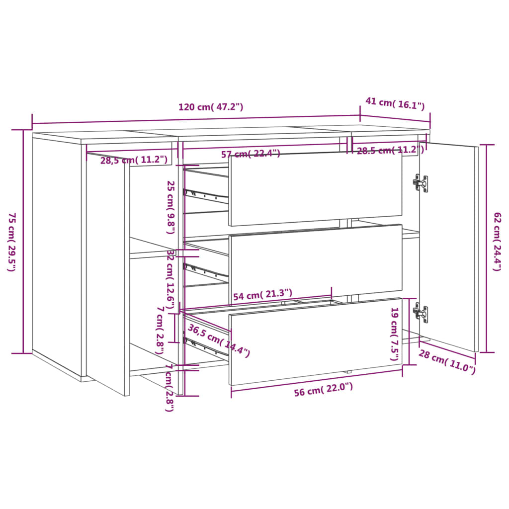 Skänk med 3 lådor sonoma-ek 120x41x75 cm konstruerat trä