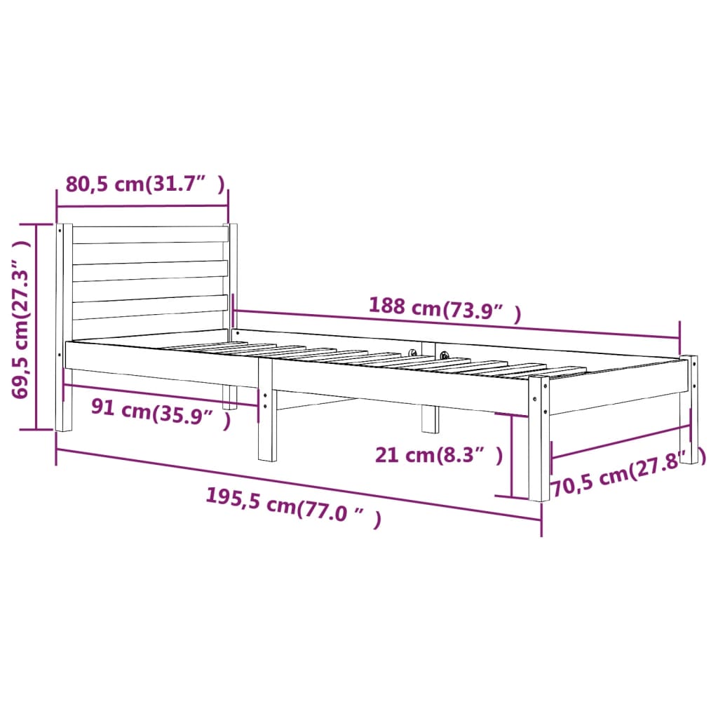 Sängram massiv furu 75x190 cm vit 2FT6