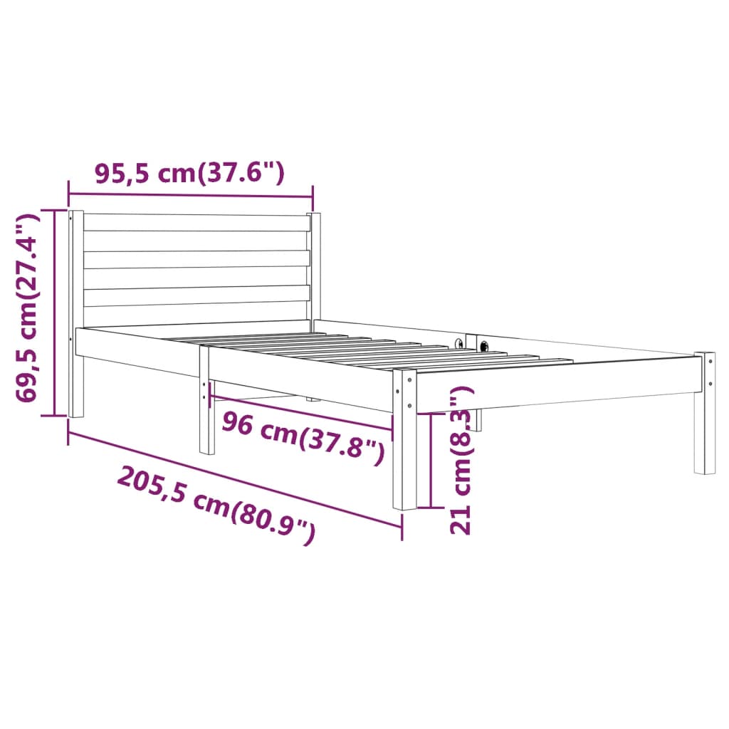 Sängram vit massiv furu 90x200 cm