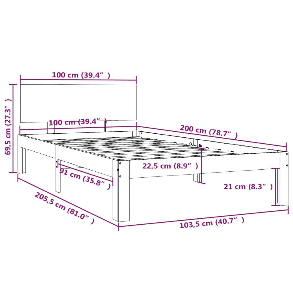 Sängram vit massiv furu 100x200 cm