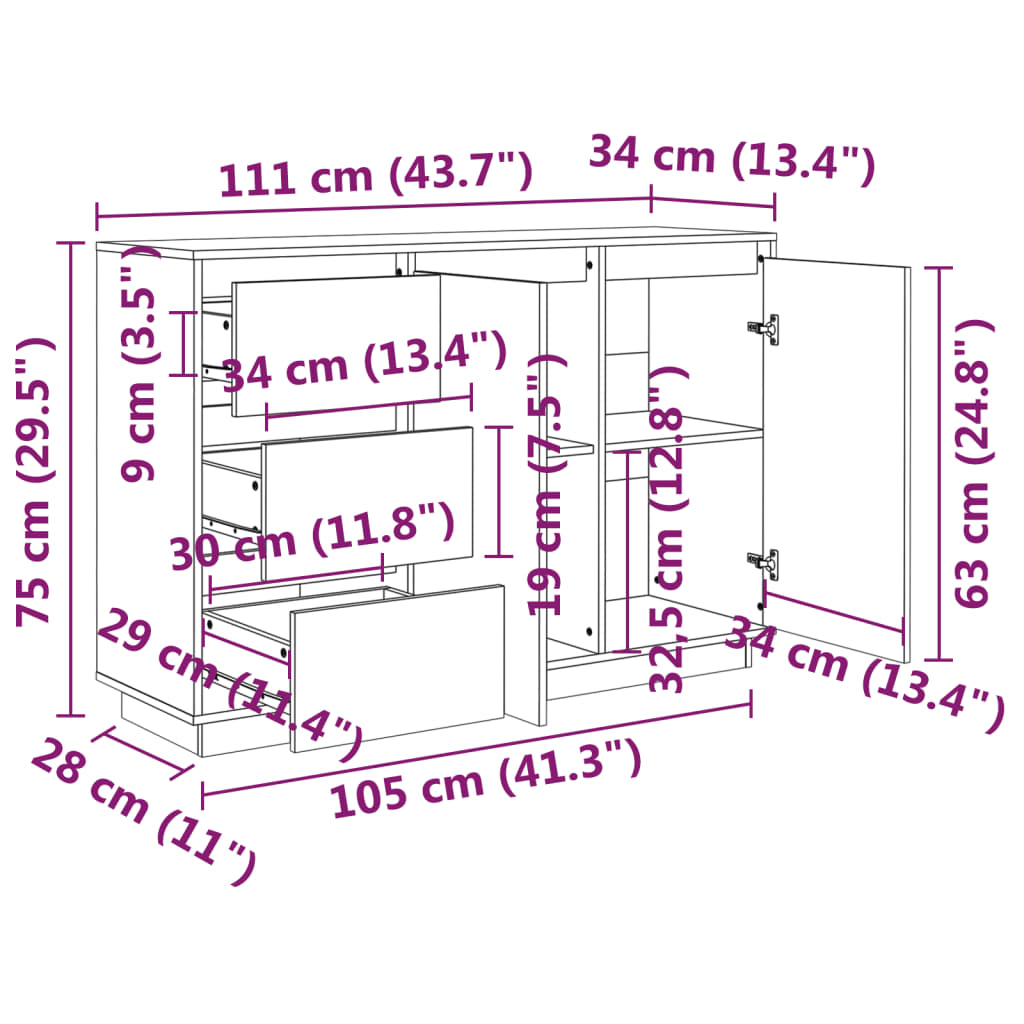 Skänk 111x34x75 cm massiv furu