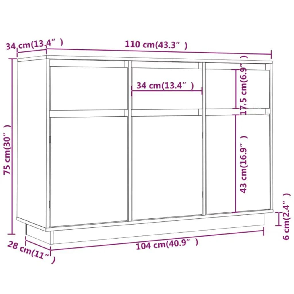 Skänk 110x34x75 cm massiv furu