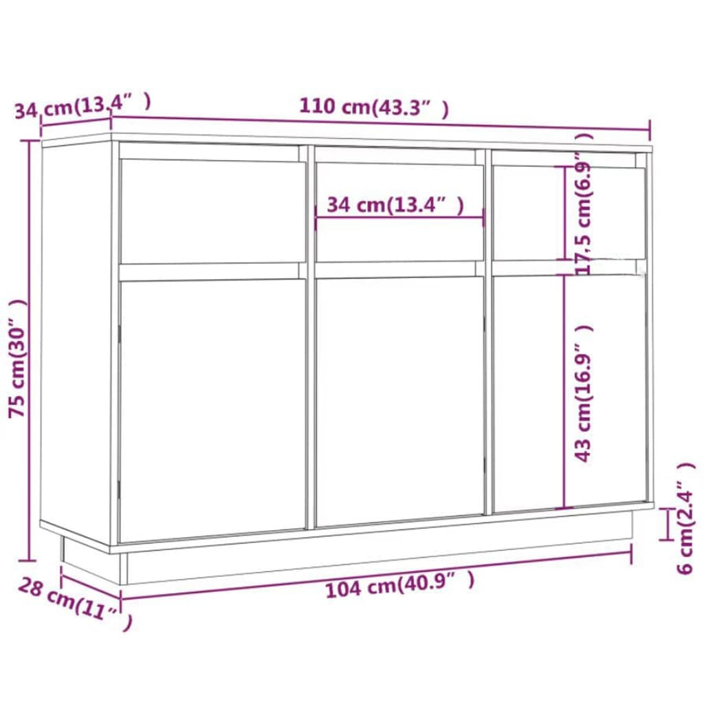 Skänk vit 110x34x75 cm massiv furu