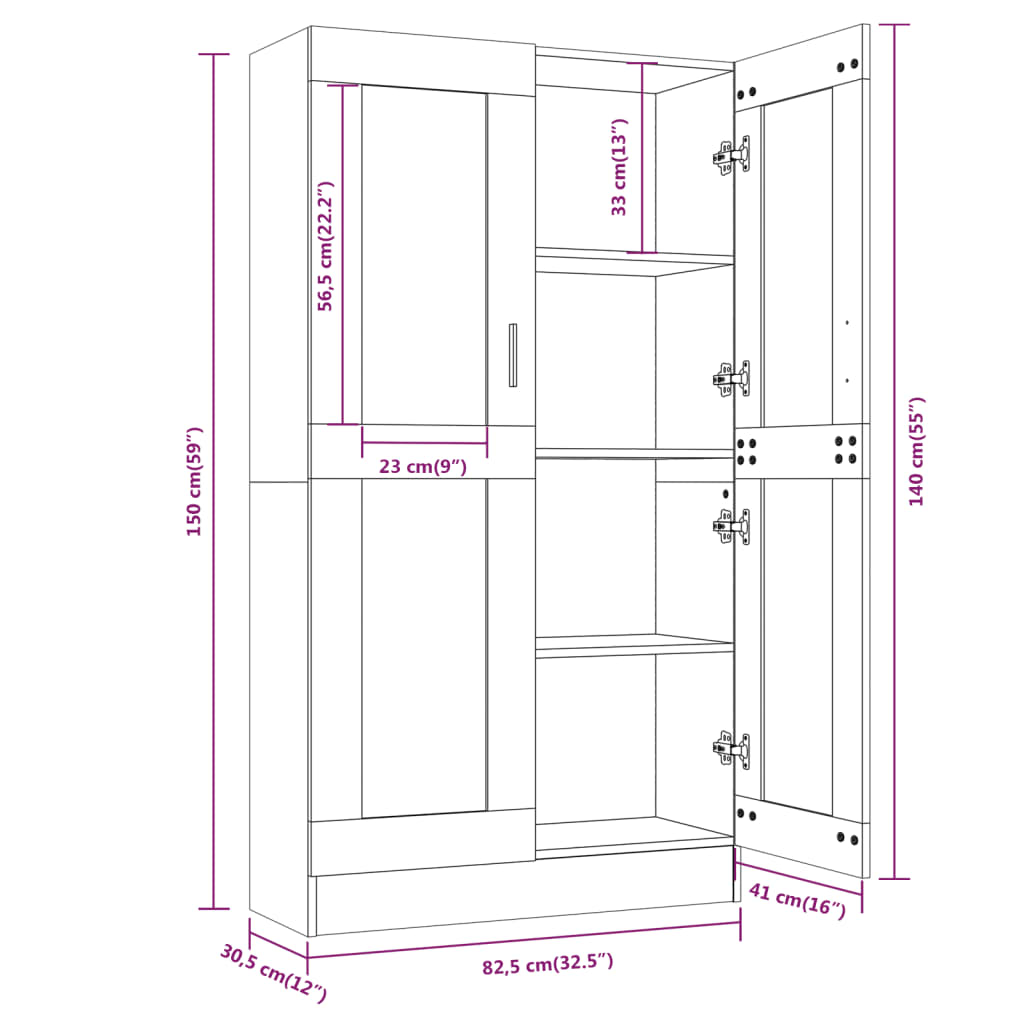 Vitrinskåp rökfärgad ek 82,5x30,5x150 cm konstruerat trä