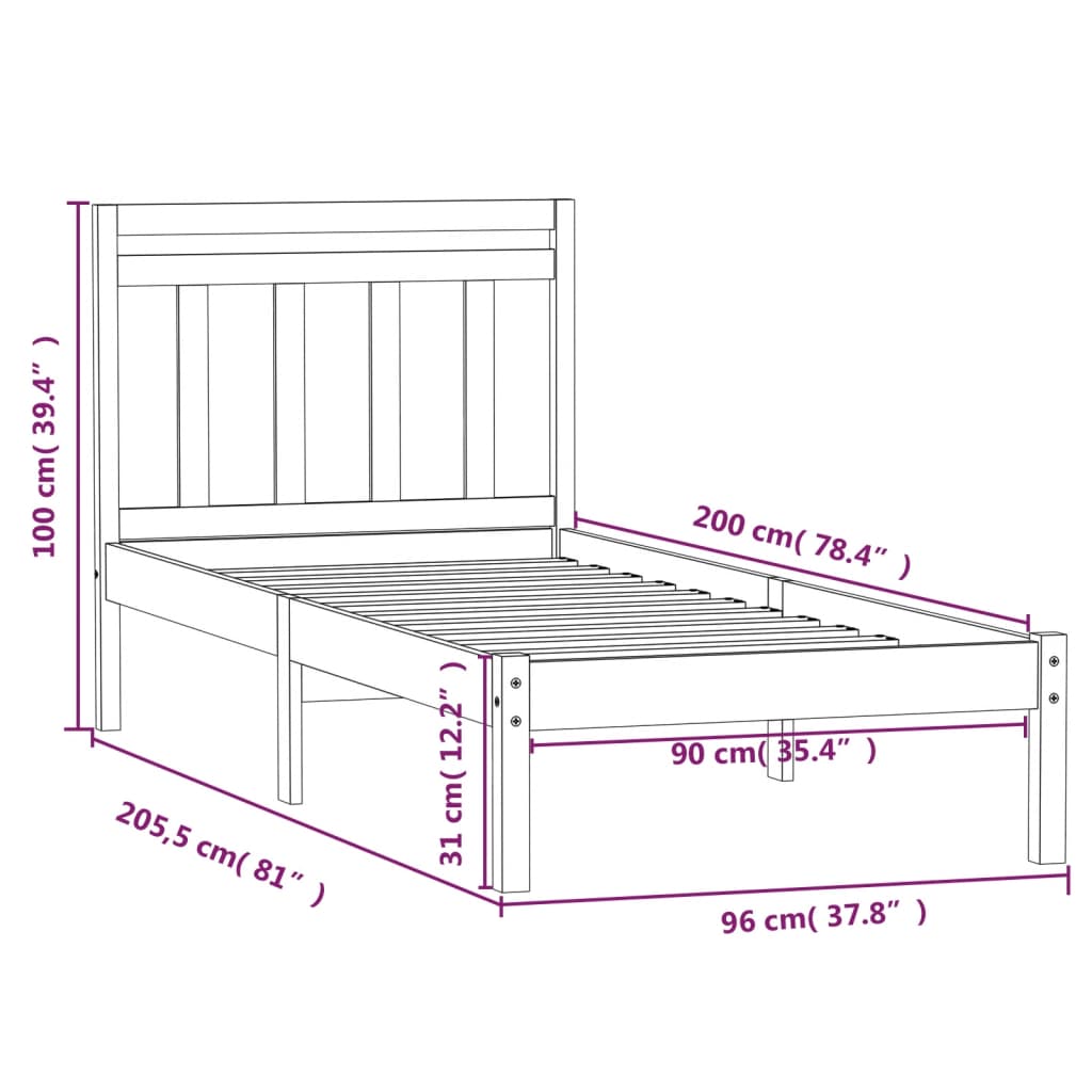 Sängram vit massiv furu 90x200 cm